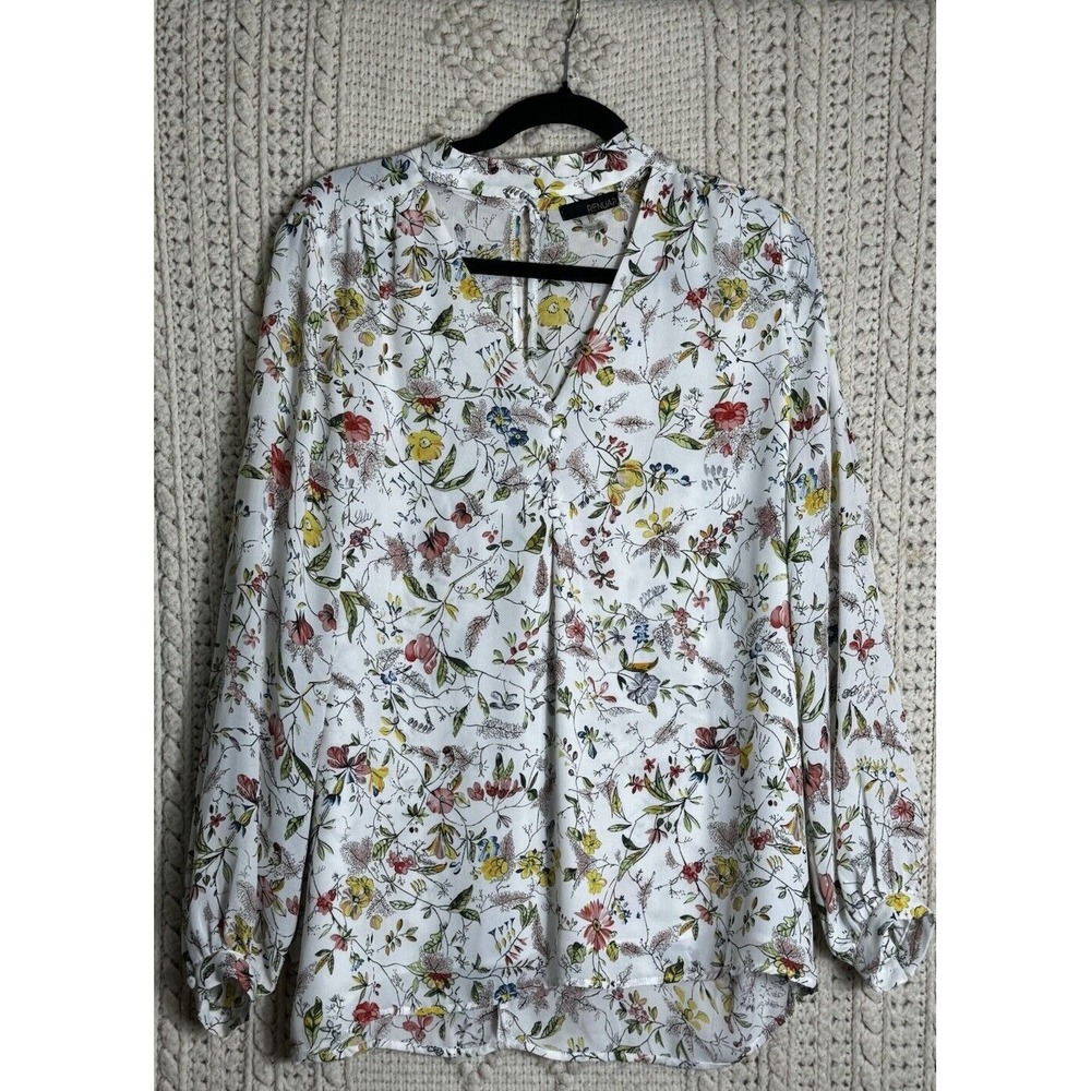 Renuar Women's White‎ Floral Lined V-Neck Collared Blouse Women's Size Large